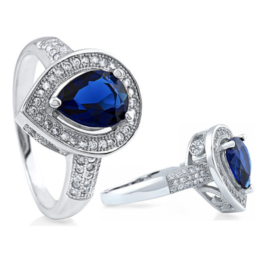 Tiffany Inspired Teardrop Simulated Blue Sapphire Halo Ring With White Topaz in Italian Sterling Silver