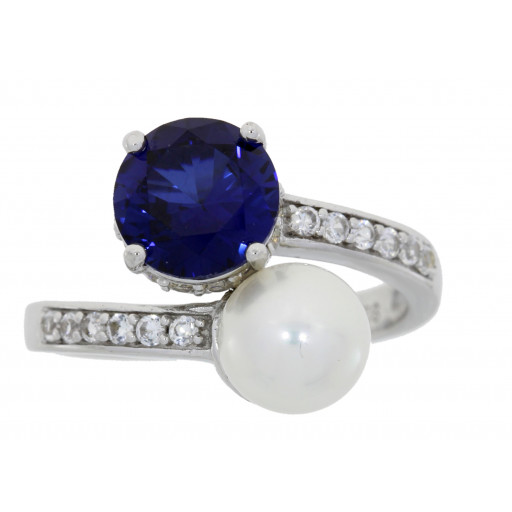 Round Brilliant Cut Simulated Blue Sapphire, Freshwater Cultured Pearl & Swarovski Cubic Zirconia Ring in Italian Sterling Silver