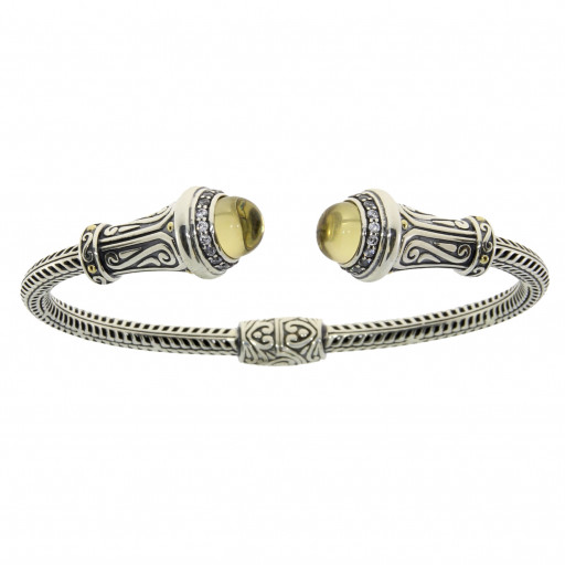 Cabachon Cut Citrine Bangle in White Gold Plated Italian Sterling Silver & 18K Gold With Hinge