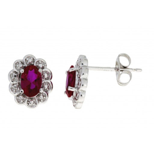 Princess Diana Inspired Oval Created Ruby & Swarovski Cubic Zirconia Stud Earrings in Italian Sterling Silver