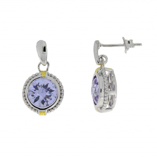 David Yurman Inspired Round Brilliant Cut Checkerboard Simulated Lavender Amethyst Drop Earrings  in Italian Sterling Silver & Yellow Gold Accents