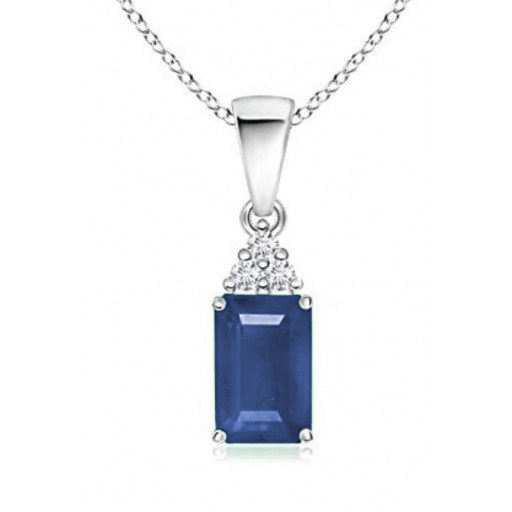 Emerald Cut Blue Sapphire Pendant With Three Diamonds on Top in 14K White Gold