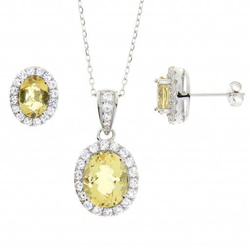 Princess Diana Style Citrine & Simulated White Sapphire Set of Stud Earrings & Pendant With Chain in Italian Sterling Silver 5.50 TW!