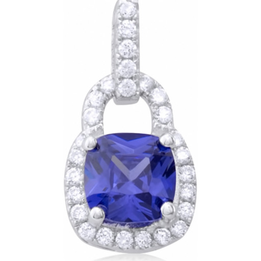 Halo Drop Pendant With Simulated Blue Sapphire & Swarovski Cubic Zirconia in Italian Sterling Silver
