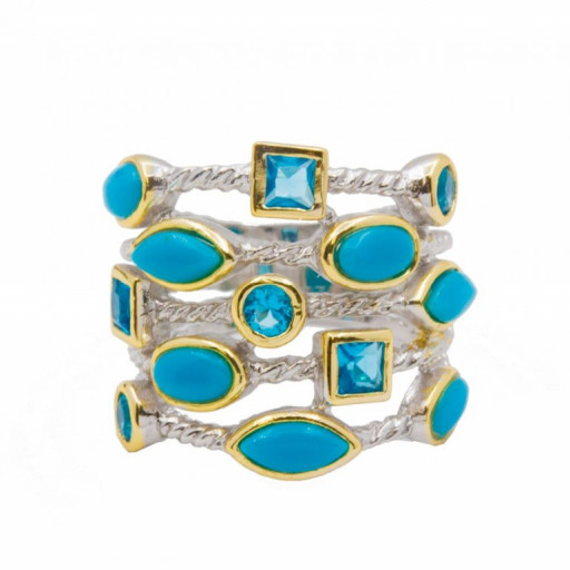 David Yurman Inspired Multi Shape & Multi Row Blue Topaz & Turquoise Gemstone Ring in Two Tone Italian Sterling Silver