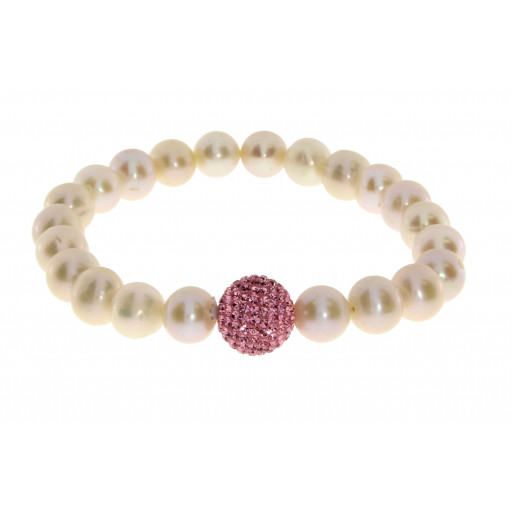 Mikimoto Inspired Freshwater Cultured Pearl Elastic Bracelet With Pink Crystal Enhancer