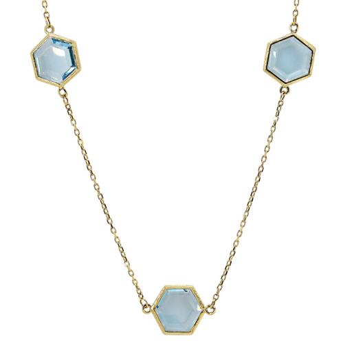 Hexagon Shaped Blue Topaz Past, Present & Future Necklace in 10K Yellow Gold