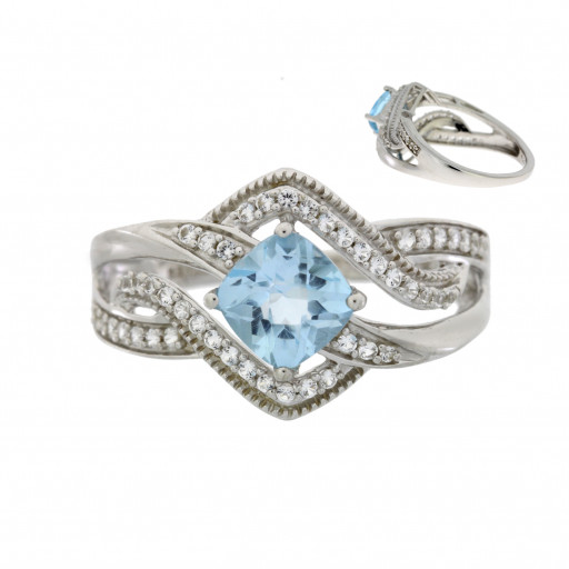 Tiffany Inspired Blue & White Topaz Ring in Italian Sterling Silver