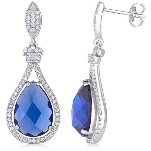 Tiffany Inspired Teardrop Simulate Blue Sapphire Halo Drop Earrings With White Topaz in Italian Sterling Silver
