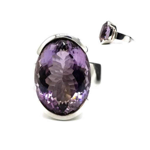 Purple Oval Rose Amethyst Solitaire Ring in Italian Sterling Silver