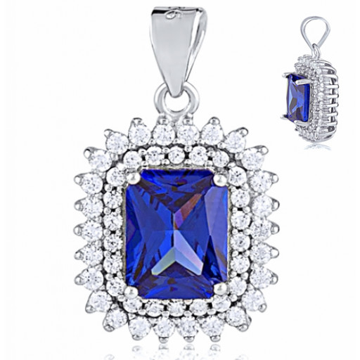 Harry Winston Inspired Double Halo With Simulated Tanzanite Pendant in Italian Sterling Silver
