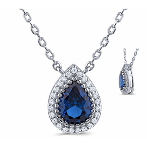 Tiffany Inspired Teardrop Simulate Blue Sapphire Halo Necklace With White Topaz in Italian Sterling Silver