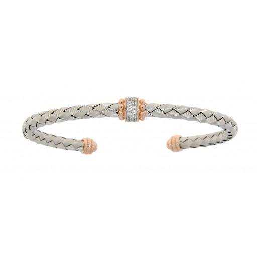 David Yurman Inspired Open Bangle With Braided Italian Sterling Silver & Rose Gold
