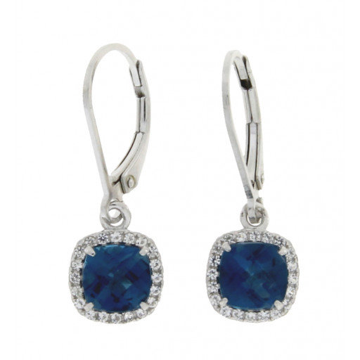 Tiffany Inspired London Blue Topaz & White Sapphire Halo Drop Earrings in Italian Sterling Silver