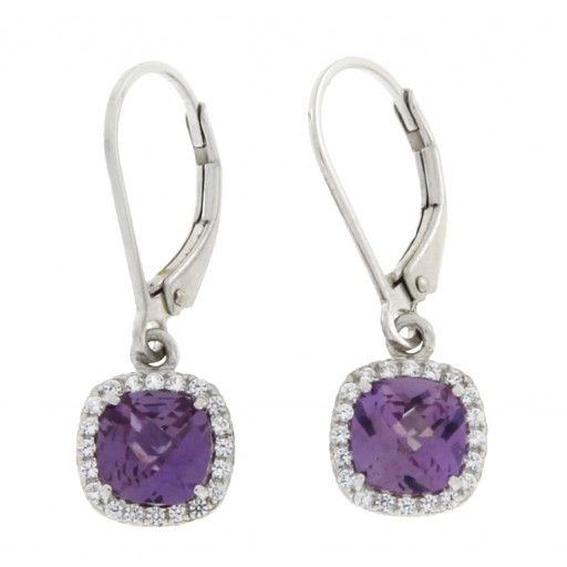 Tiffany Inspired Simulated Alexandrite & White Sapphire Halo Drop Earrings in Italian Sterling Silver