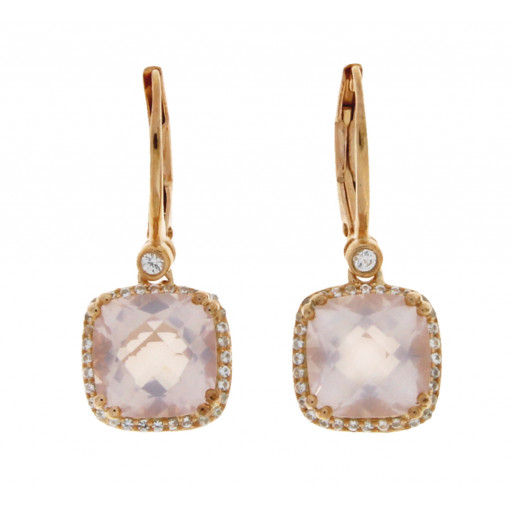 Tiffany Inspired Pink Quartz & White Sapphire Halo Drop Earrings in Rose Gold Plated Italian Sterling Silver