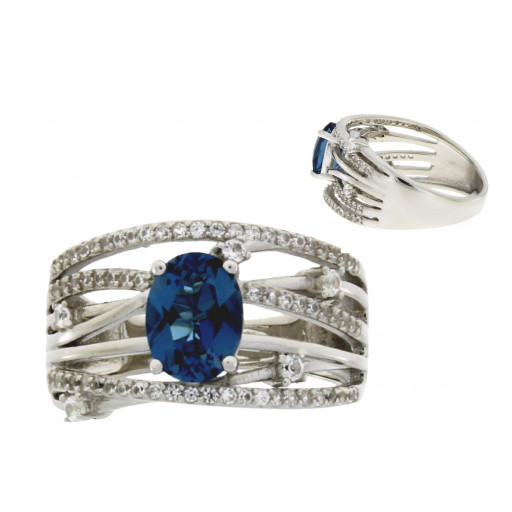 Harry Winston Inspired London Blue Topaz & White Sapphire Ring in Italian Sterling Silver