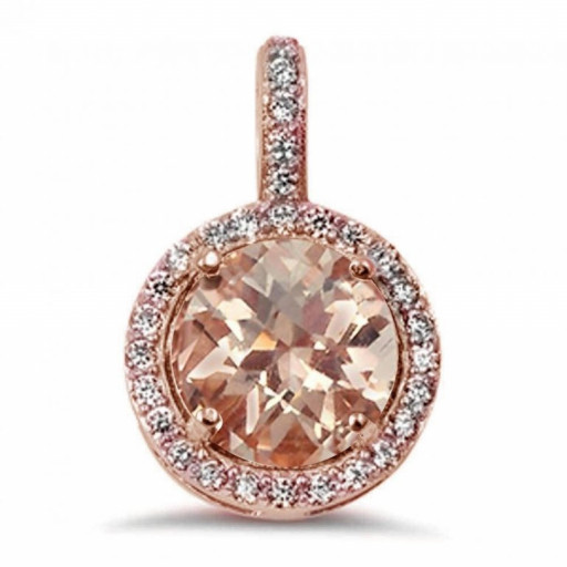 Cartier Inspired Round Brilliant Cut Morganite & White Topaz Halo Pendant in Rose Gold Plated Italian Sterling Silver