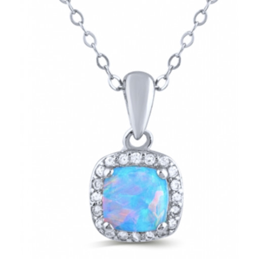 Tiffany Style Simulated Opal Halo Pendant  in Italian Sterling Silver