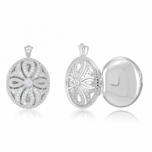 Floral Oval Locket With Swarovski Cubic Zirconia in Italian Sterling Silver