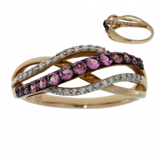 Tiffany Style Multi Row Pink Tourmaline & Diamond Ring in 10K Rose Gold