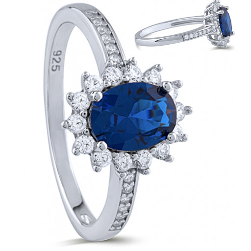 Princess Diana Inspired Simulated Blue Sapphire Halo Ring in Italian Sterling Silver