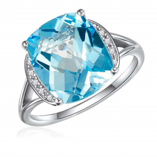 Tiffany Inspired Cushion Cut Blue Topaz & Diamond Ring in 10K White Gold