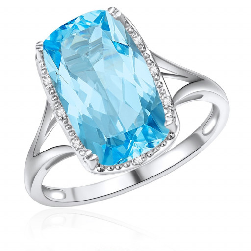 Tiffany Inspired Cushion Cut Blue Topaz & Diamond Halo Ring in 10K White Gold