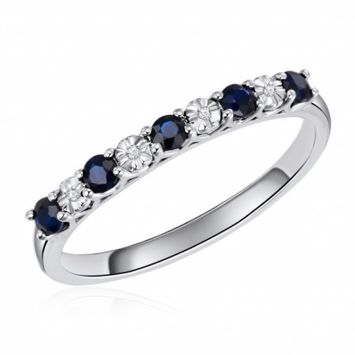 Tiffany Inspired Blue Sapphire & Diamond Anniversary Ring in 14K White Gold