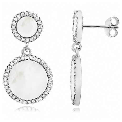 Harry Winston Style Mother of Pearl Circles of Love Drop Halo Earrings in Italian Sterling Silver