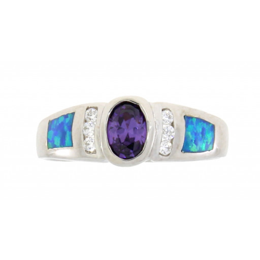 Past, Present & Future Opal & Simulated Amethyst Ring in Italian Sterling Silver