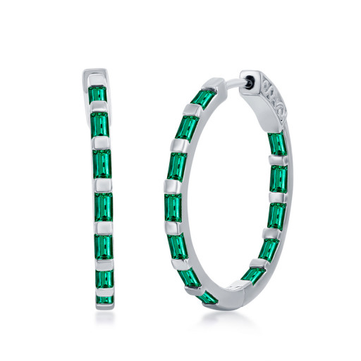 Gucci Inspired Simulated Emerald & Swarovski Cubic Zirconia Hoop Earrings With Security Closure in Italian Sterling Silver