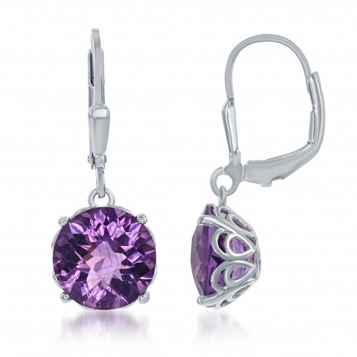 Cartier Inspired Round Brilliant Cut Amethyst Drop Earrings With Lever Backs in Italian Sterling Silver