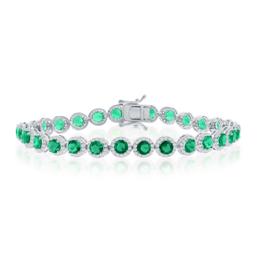Round Brilliant Cut White Topaz & Simulated Emerald Bracelet in Italian Sterling Silver