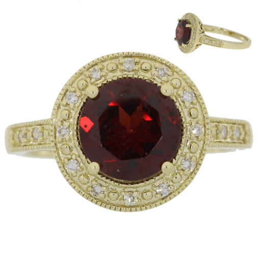 Victorian Inspired Round Brilliant Cut Garnet & Diamond Halo Ring in 10K Yellow Gold
