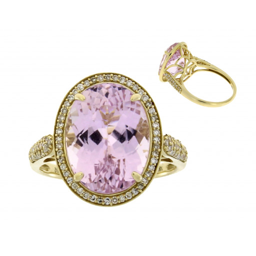 Cartier Inspired Pink Kunzite & Diamond Halo Ring in 14K Yellow Gold