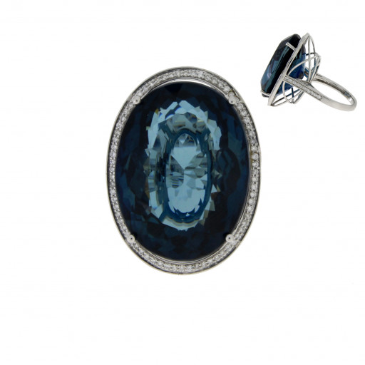 Harry Winston Inspired Deep London Blue Topaz & Diamond Halo Ring in 14K White Gold