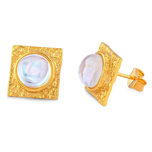 Versace Inspired Modern Cabachon Cut Moonstone Earrings In Yellow Gold Plated Italian Sterling Silver