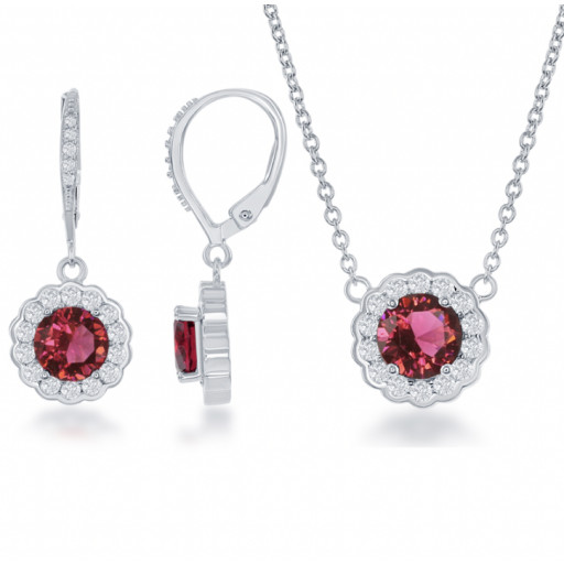 Tiffany Inspired Round Brilliant Cut Ruby Halo Necklace & Matching Drop Earrings Set in Italian Sterling Silver