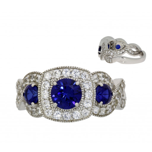 Past, Present & Future Blue Sapphire & White Topaz Halo Ring in Italian Sterling Silver