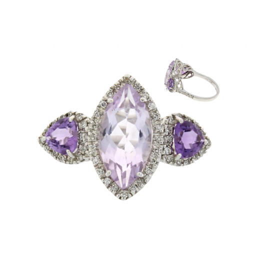 Cartier Inspired Past, Present & Future Multi Colour Amethyst & Diamond Ring in 14K White Gold