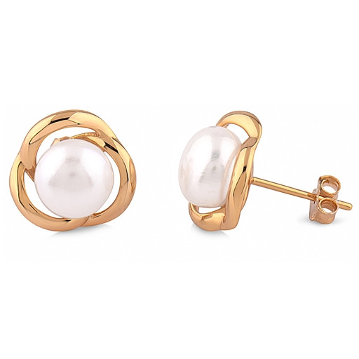 Tiffany Inspired Love Knot Freshwater Cultured Pearl Stud Earrings in Yellow Gold Plated Italian Sterling Silver