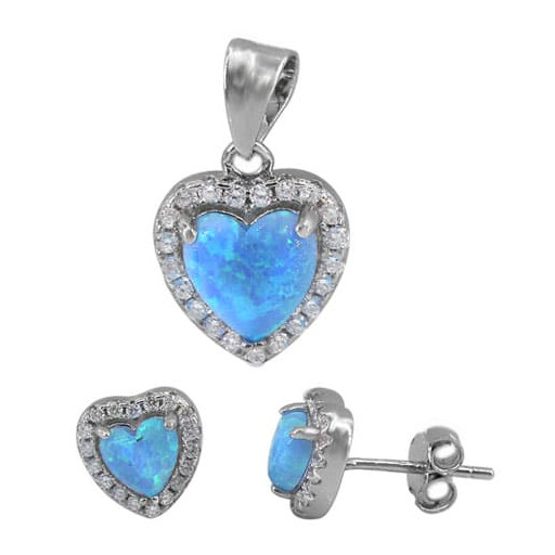 Set of Heart Shaped Halo Blue Opal Pendant & Earrings in Italian Sterling Silver