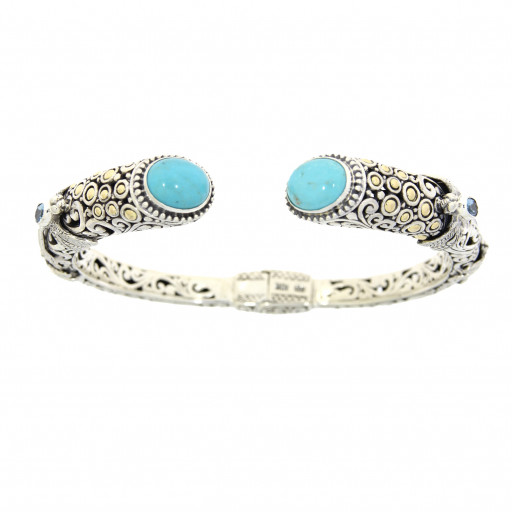 Bali Bangle With Oval Turquoise in 18K Yellow Gold Accents & Italian Sterling Silver