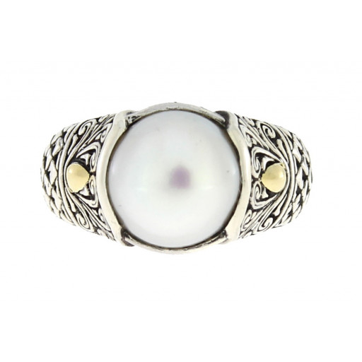 Bali Inspired Ring With Freshwater Cultured Pearl in 18K Yellow Gold Accents & Italian Sterling Silver