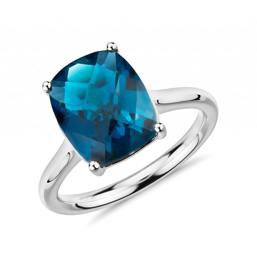 Tiffany Inspired Checkerboard Cushion Cut London Blue Topaz Solitaire Ring
