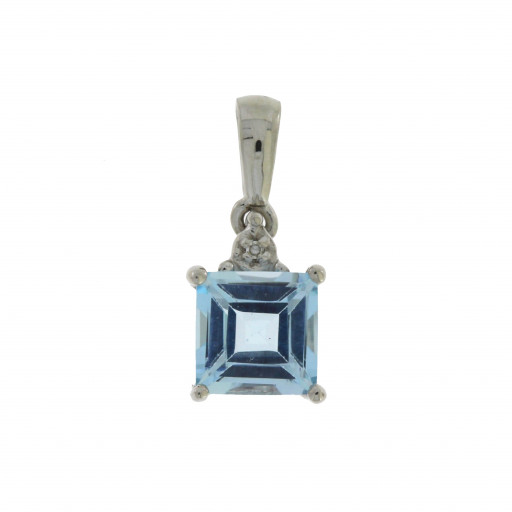 Princess Cut Blue Topaz & Diamond Solitaire Pendant in Italian Sterling Silver
