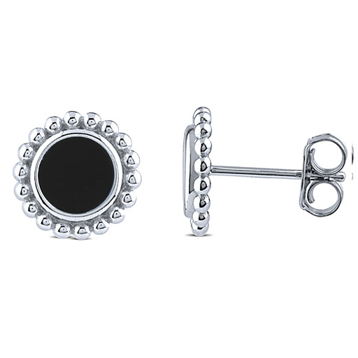 Round Floral Halo Studs With Black Onyx in Centre in Italian Sterling Silver