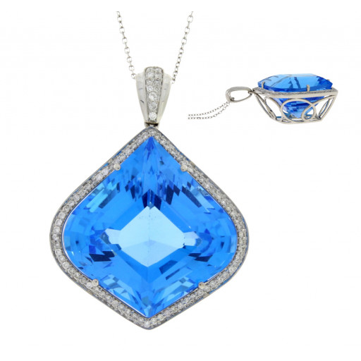 Harry Winston Inspired Swiss Blue Topaz & Diamond Halo Pendant in 18K White Gold