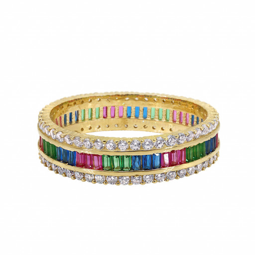 Tiffany Inspired Rainbow Baguette Multi Colour Eternity Band in 10K Yellow Gold